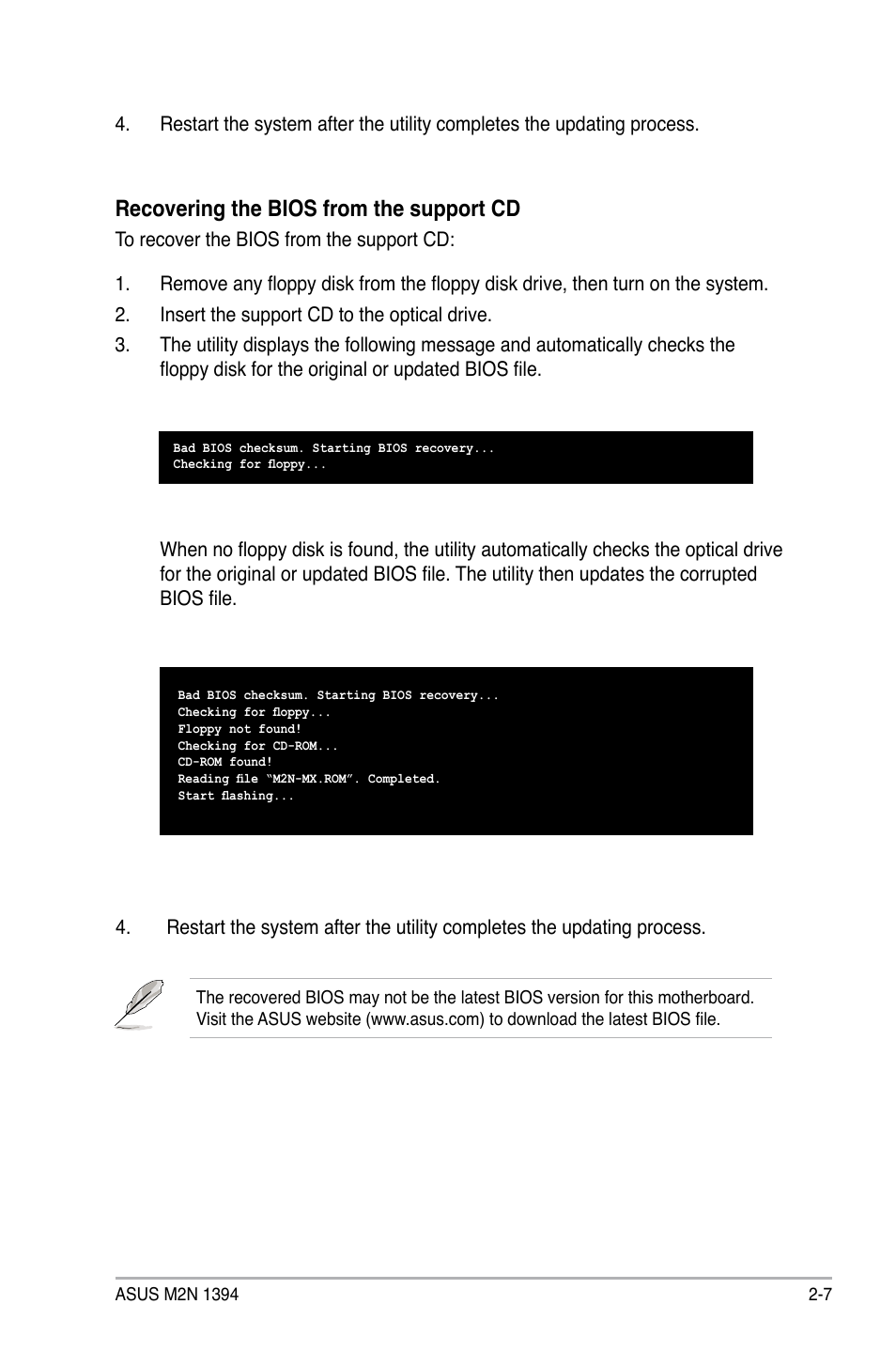 Recovering the bios from the support cd | Asus M2N 1394 User Manual | Page 47 / 88