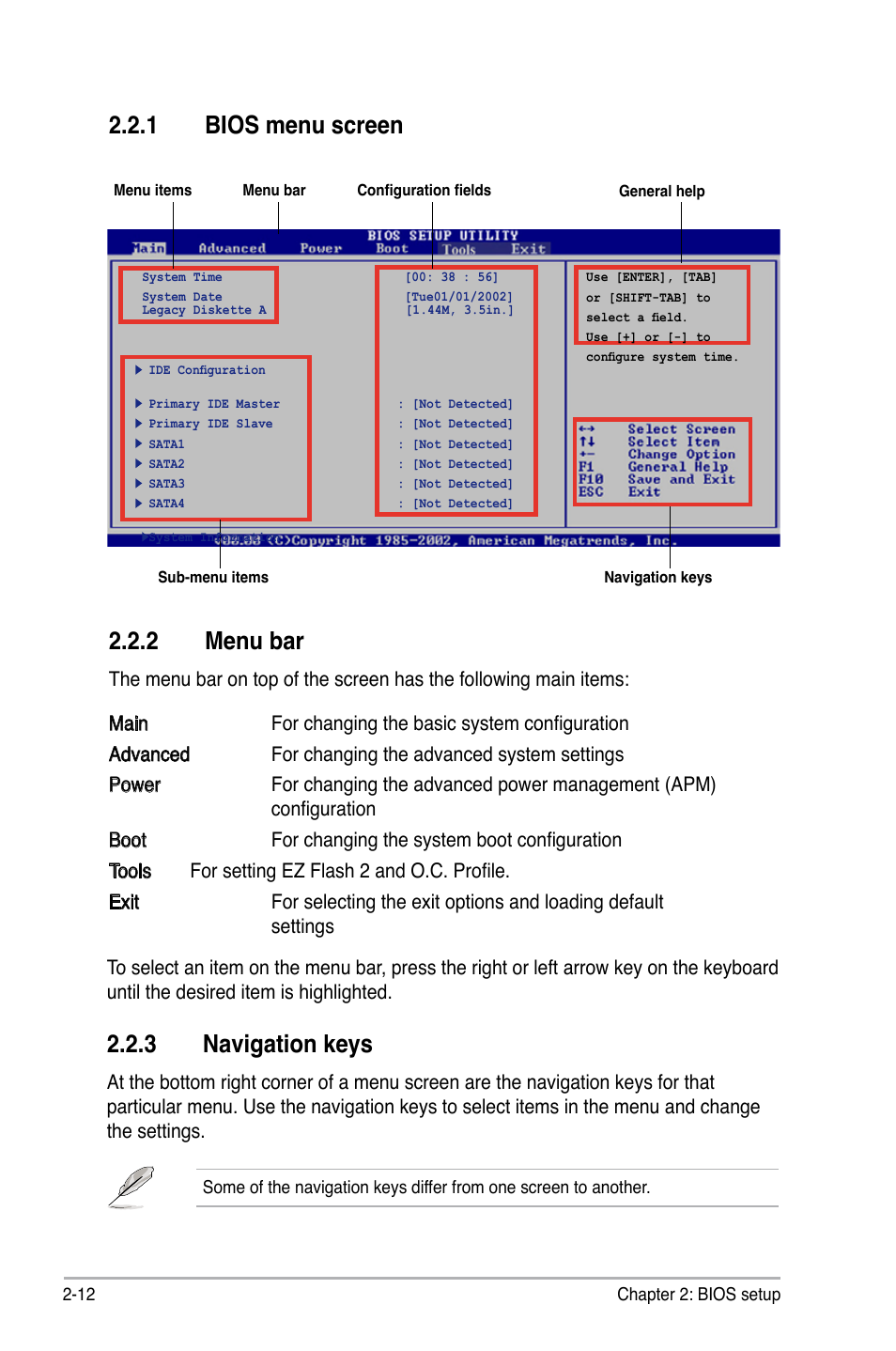 2 menu bar, 1 bios menu screen, 3 navigation keys | Asus M2N 1394 User Manual | Page 52 / 88