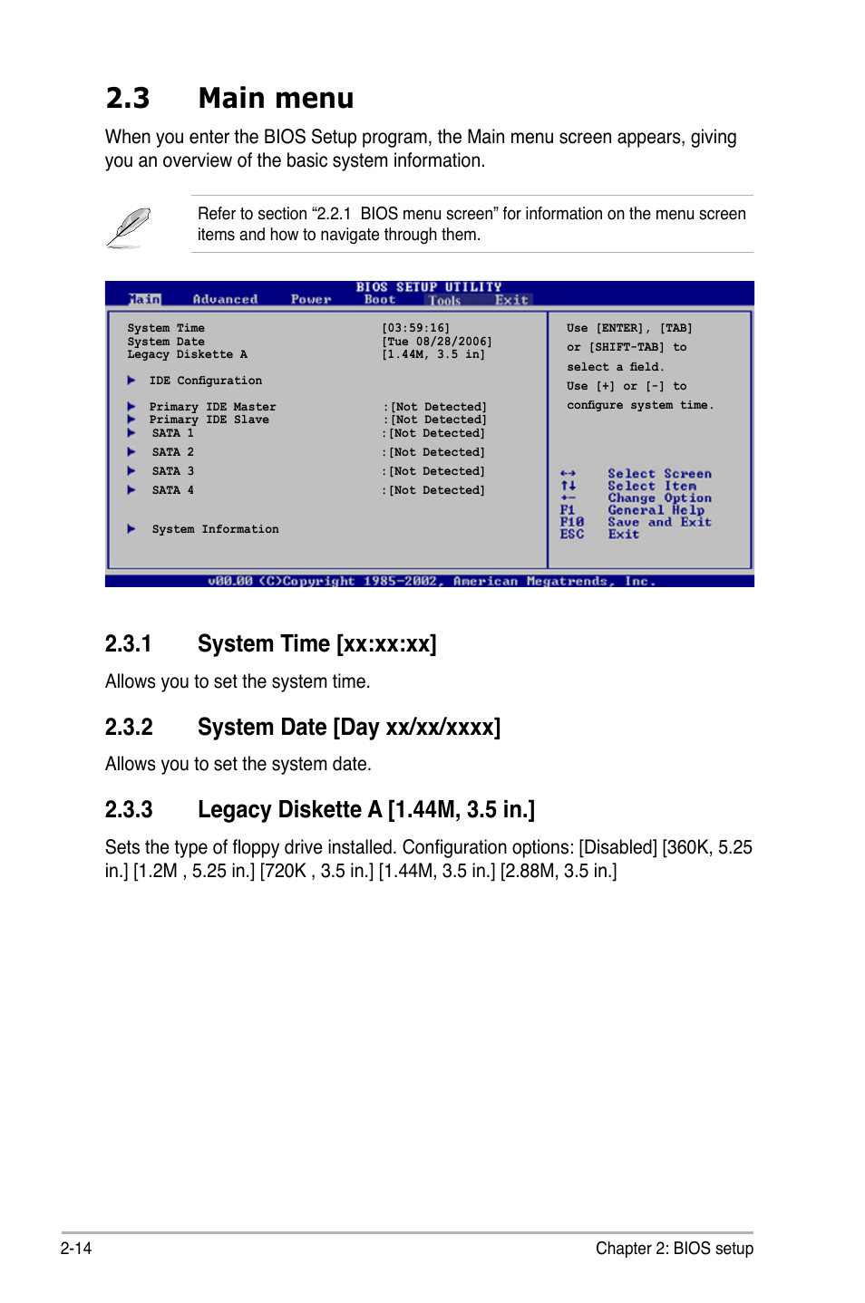 3 main menu, 1 system time [xx:xx:xx | Asus M2N 1394 User Manual | Page 54 / 88