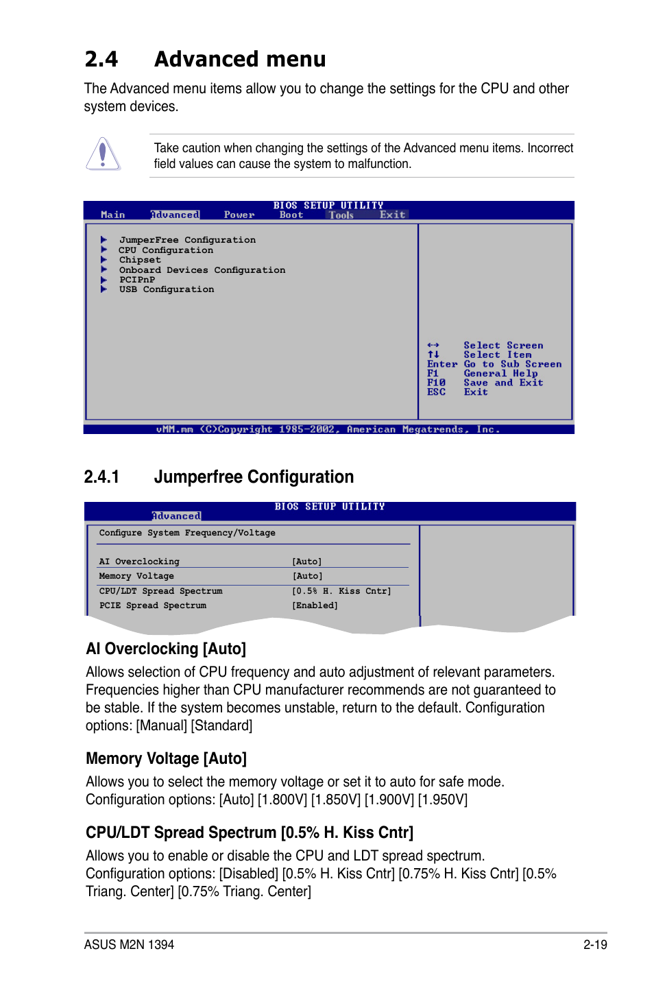 4 advanced menu, 1 jumperfree configuration, Ai overclocking [auto | Cpu/ldt spread spectrum [0.5% h. kiss cntr | Asus M2N 1394 User Manual | Page 59 / 88