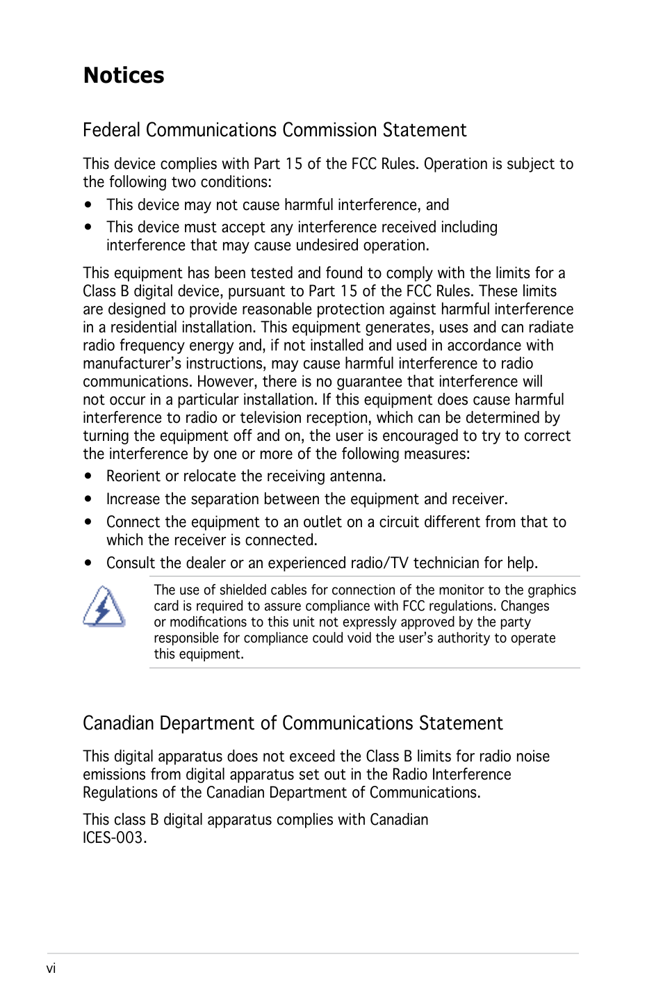 Notices, Federal communications commission statement, Canadian department of communications statement | Asus M2N 1394 User Manual | Page 6 / 88