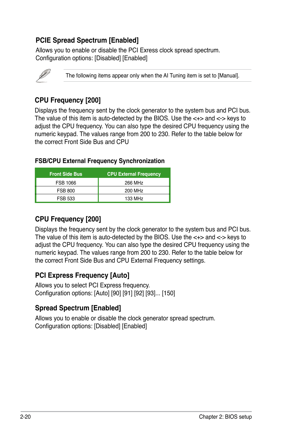 Cpu frequency [200, Pcie spread spectrum [enabled, Pci express frequency [auto | Spread spectrum [enabled | Asus M2N 1394 User Manual | Page 60 / 88