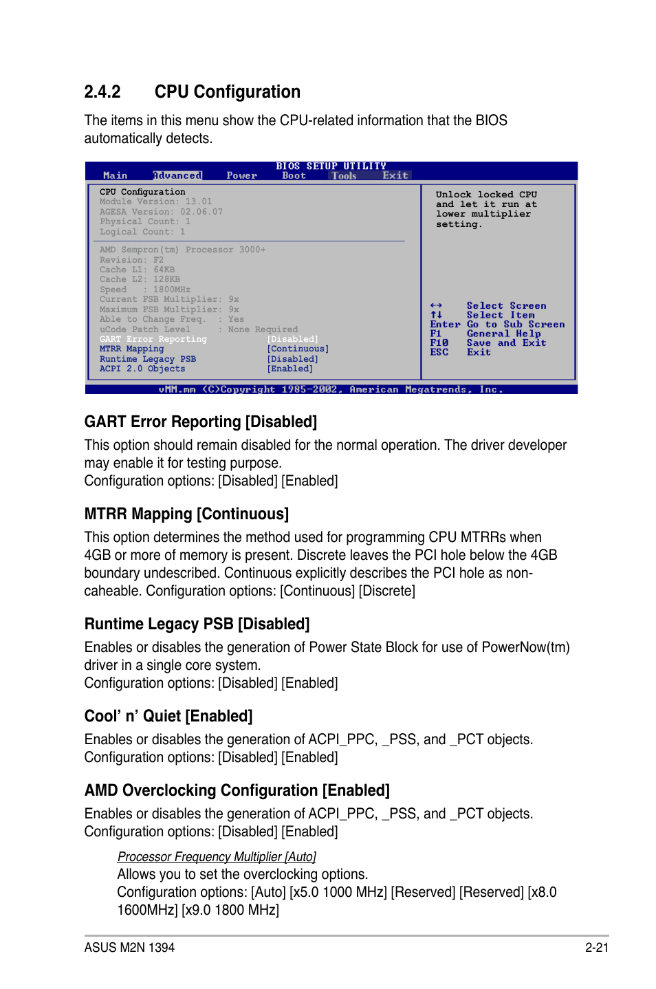 2 cpu configuration, Gart error reporting [disabled, Mtrr mapping [continuous | Runtime legacy psb [disabled, Cool’ n’ quiet [enabled, Amd overclocking configuration [enabled | Asus M2N 1394 User Manual | Page 61 / 88