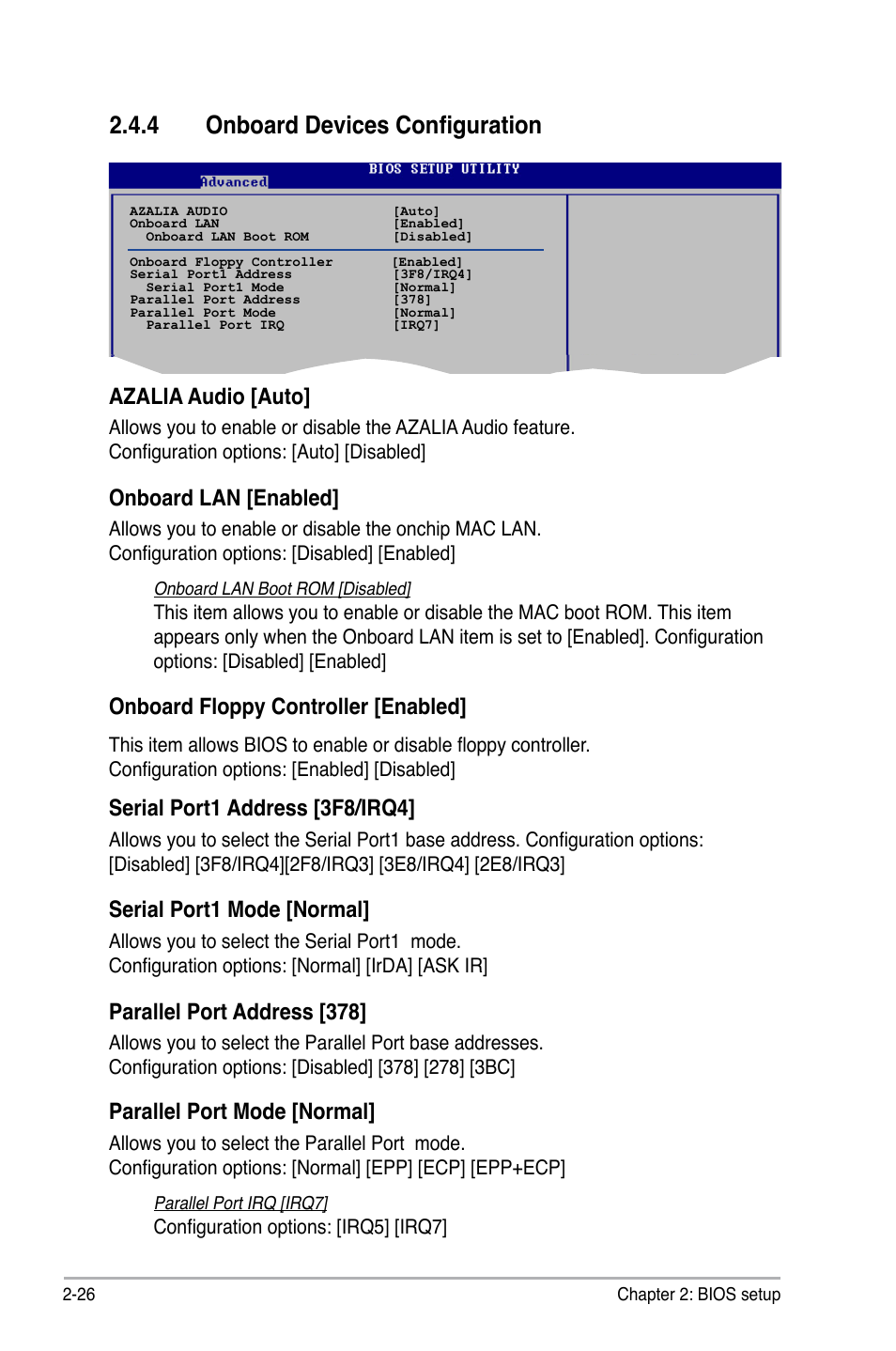 4 onboard devices configuration, Azalia audio [auto, Onboard lan [enabled | Onboard floppy controller [enabled, Serial port1 address [3f8/irq4, Serial port1 mode [normal, Parallel port address [378, Parallel port mode [normal | Asus M2N 1394 User Manual | Page 66 / 88