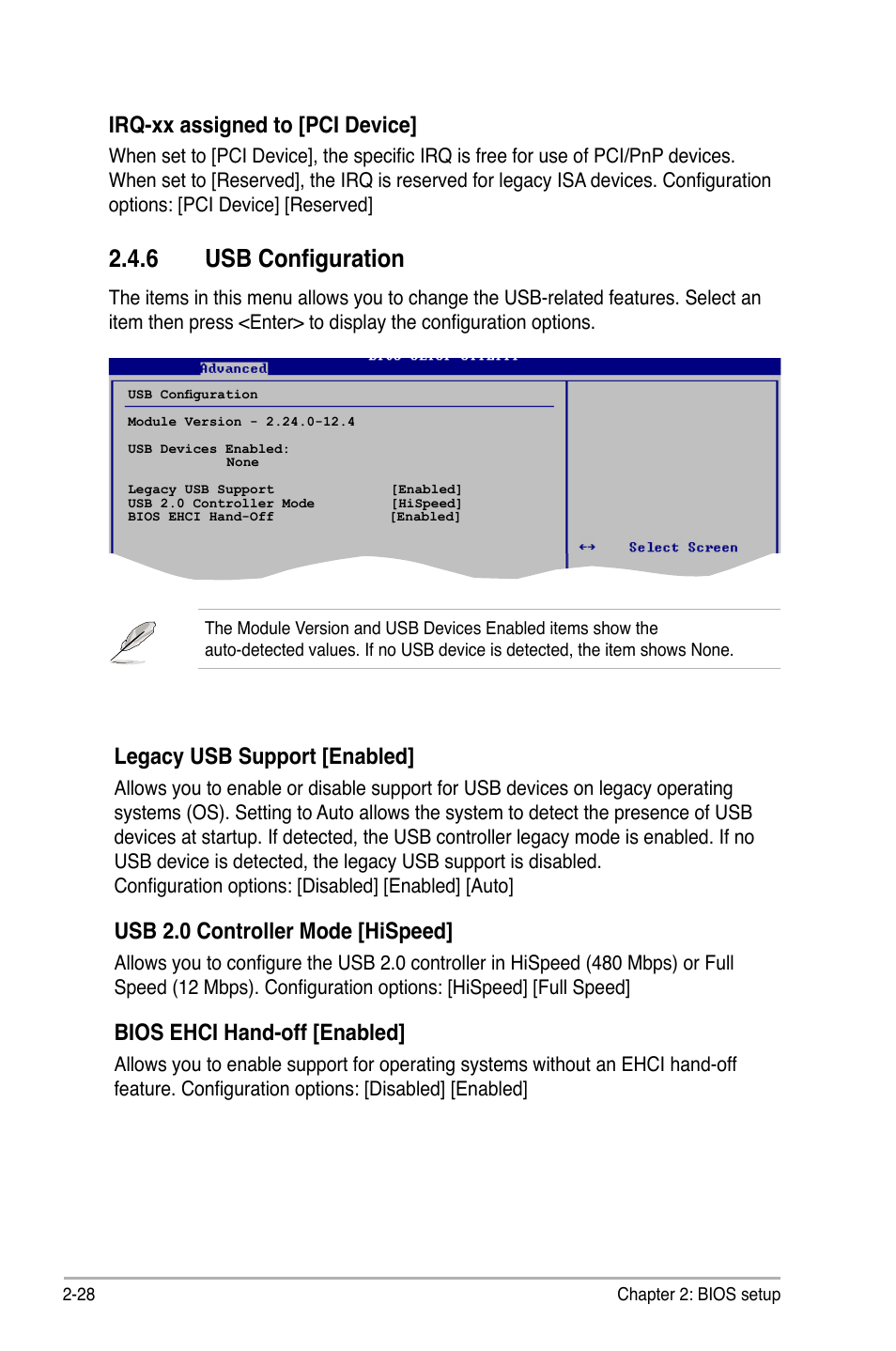 6 usb configuration, Legacy usb support [enabled, Usb 2.0 controller mode [hispeed | Bios ehci hand-off [enabled, Irq-xx assigned to [pci device | Asus M2N 1394 User Manual | Page 68 / 88