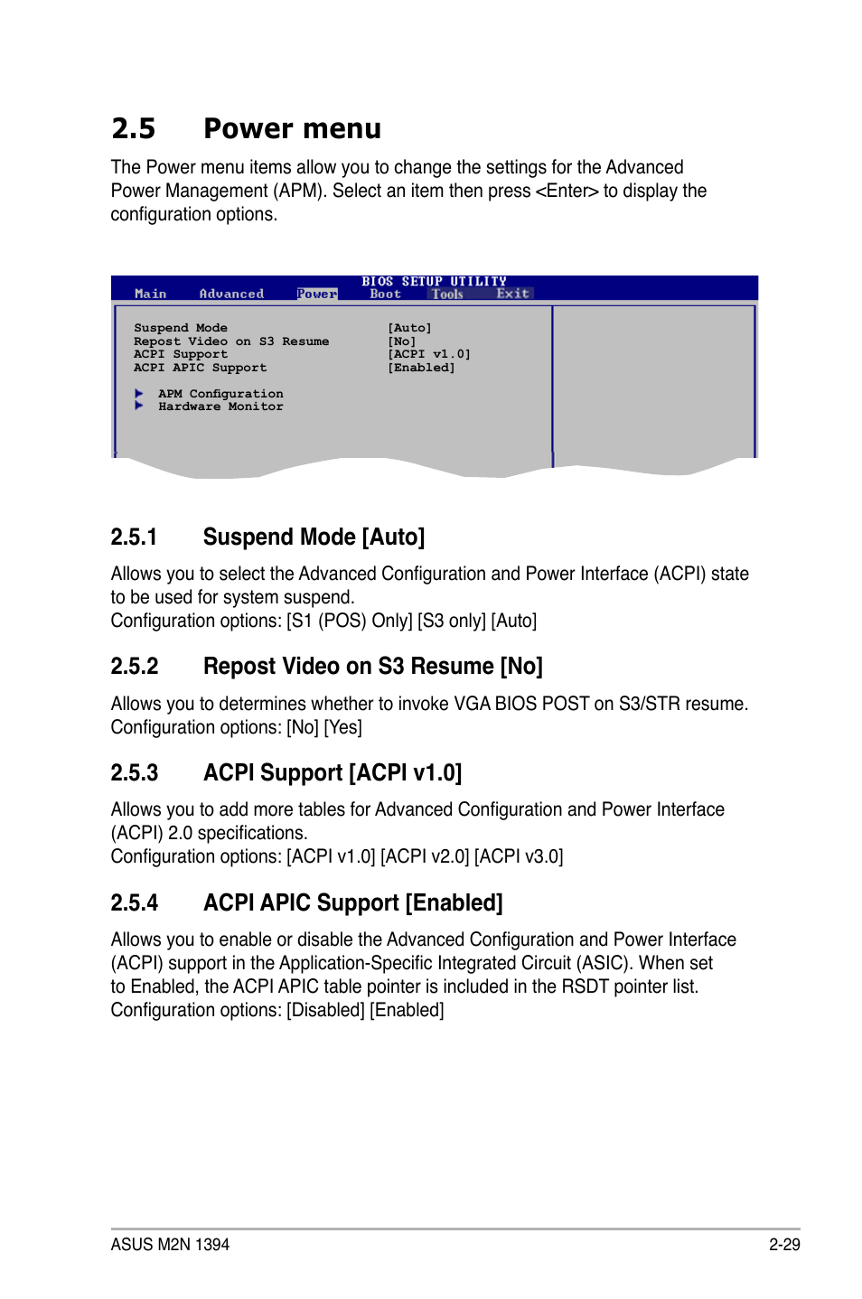 5 power menu, 1 suspend mode [auto, 2 repost video on s3 resume [no | 3 acpi support [acpi v1.0, 4 acpi apic support [enabled | Asus M2N 1394 User Manual | Page 69 / 88