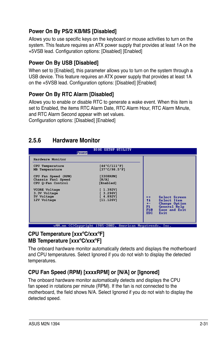 6 hardware monitor, Power on by ps/2 kb/ms [disabled, Power on by usb [disabled | Power on by rtc alarm [disabled | Asus M2N 1394 User Manual | Page 71 / 88