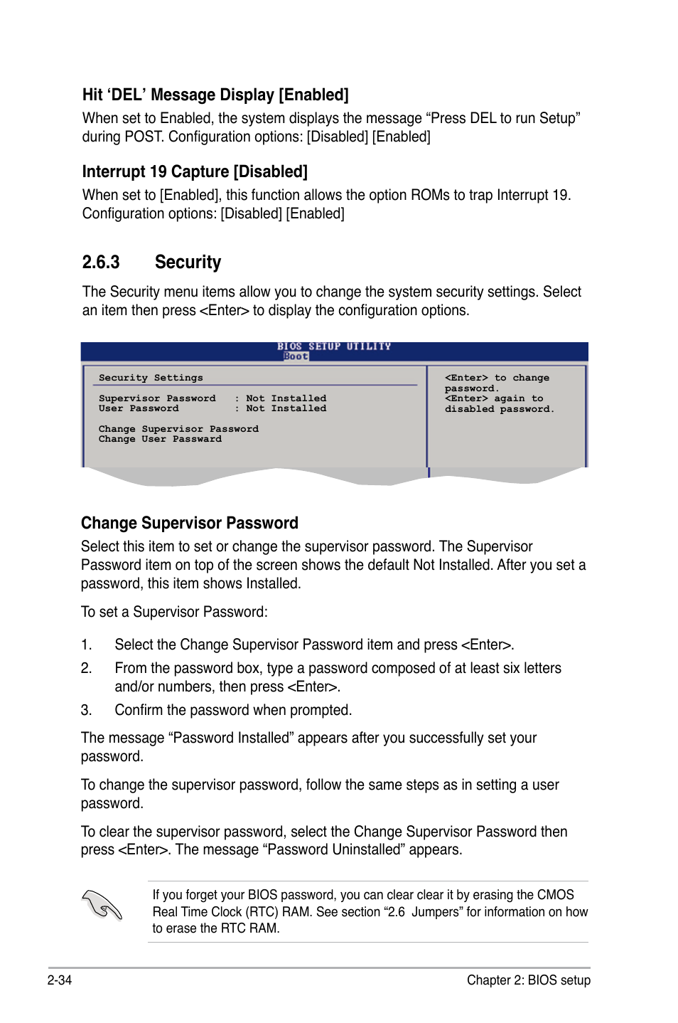 3 security, Hit ‘del’ message display [enabled, Interrupt 19 capture [disabled | Change supervisor password | Asus M2N 1394 User Manual | Page 74 / 88