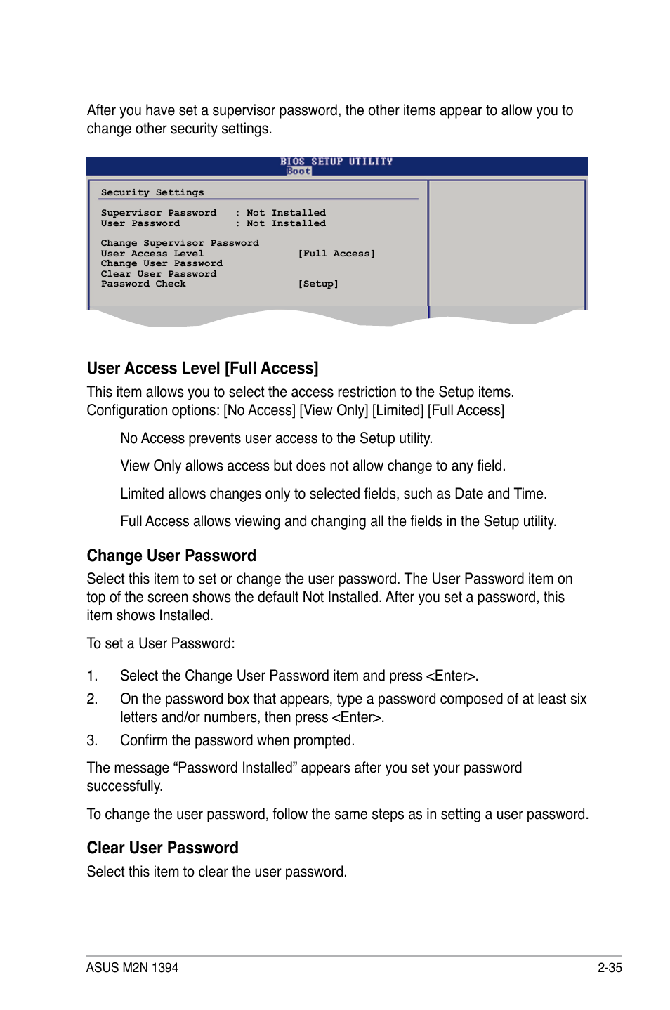 User access level [full access, Change user password, Clear user password | Asus M2N 1394 User Manual | Page 75 / 88