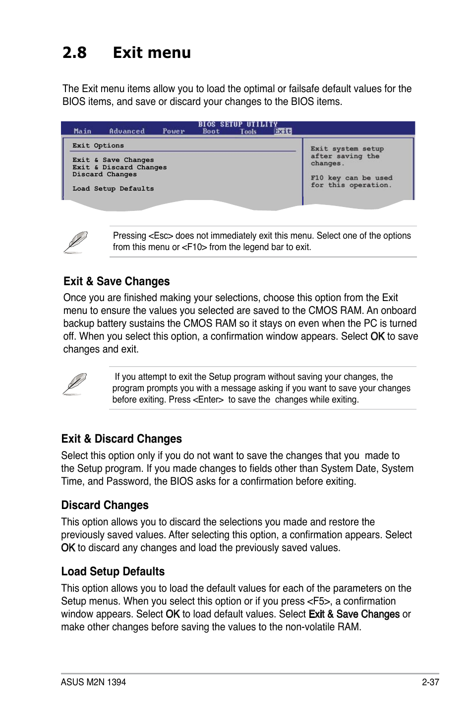 8 exit menu, Exit & discard changes, Discard changes | Load setup defaults, Exit & save changes | Asus M2N 1394 User Manual | Page 77 / 88