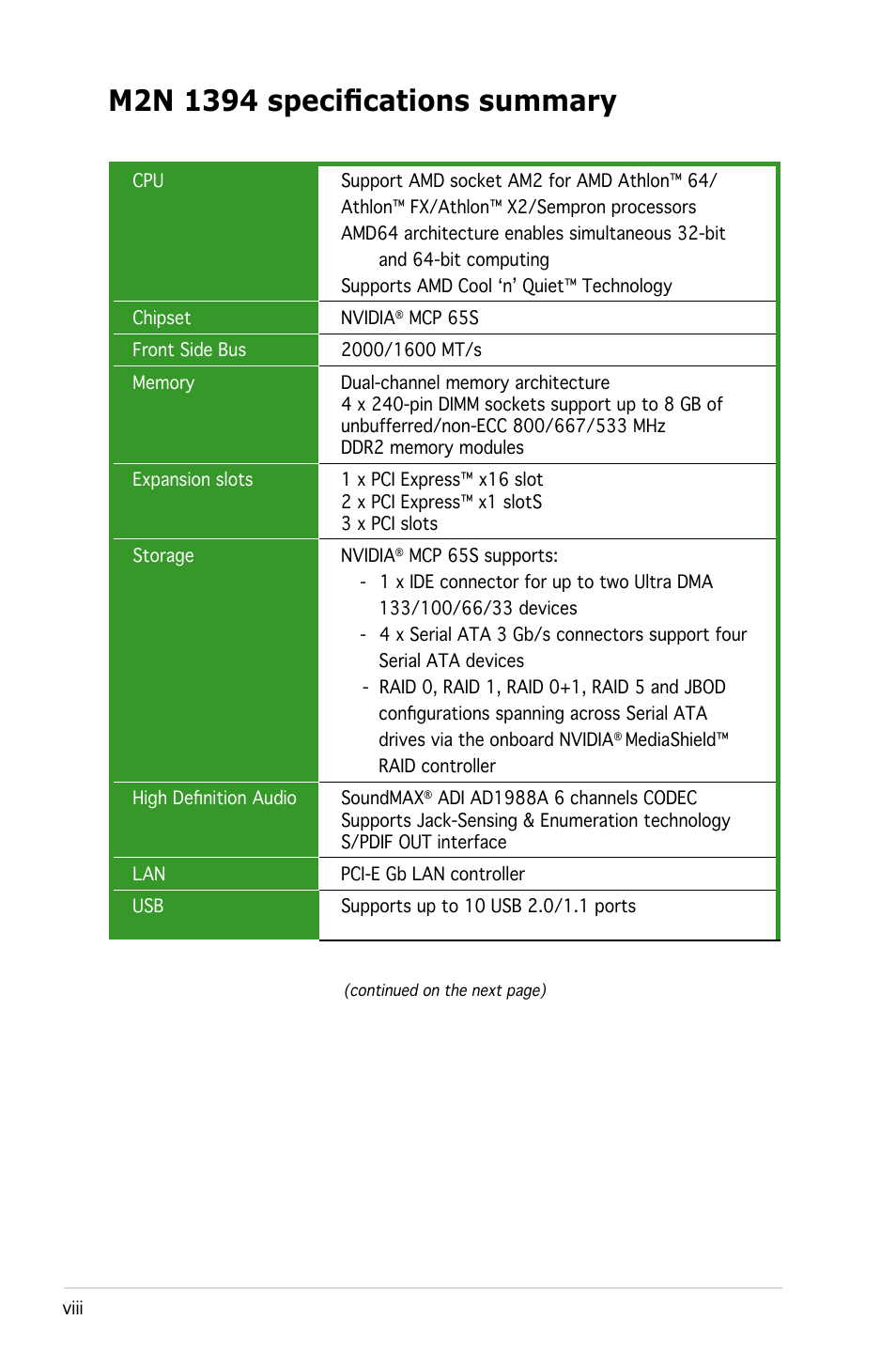 Asus M2N 1394 User Manual | Page 8 / 88