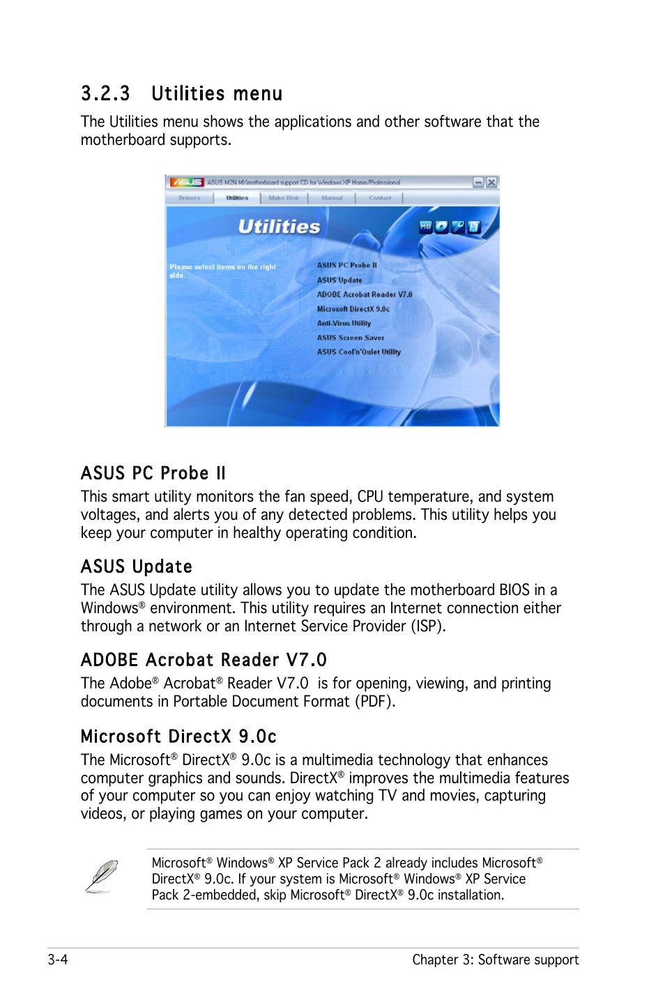 3 utilities menu, Asus pc probe ii, Asus update | Adobe acrobat reader v7.0, Microsoft directx 9.0c | Asus M2N 1394 User Manual | Page 82 / 88