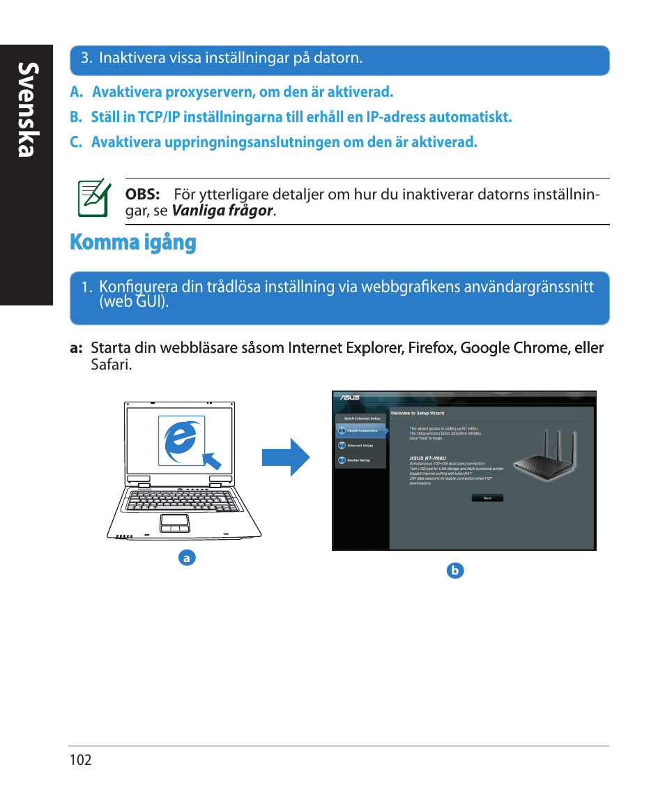 Sv ensk a, Komma igång | Asus RT-N66U (VER.B1) User Manual | Page 102 / 182