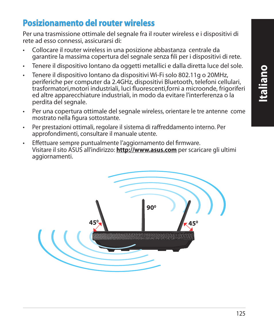 Italiano, Posizionamento del router wireless | Asus RT-N66U (VER.B1) User Manual | Page 125 / 182