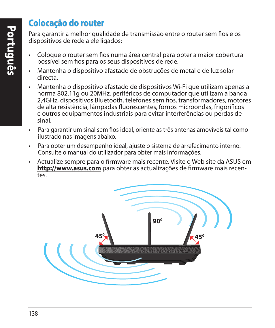 Por tuguês, Colocação do router | Asus RT-N66U (VER.B1) User Manual | Page 138 / 182