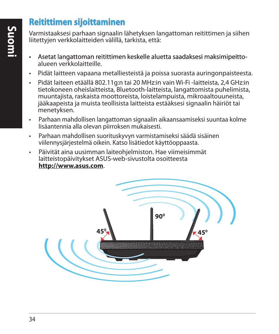 Suomi, Reitittimen sijoittaminen | Asus RT-N66U (VER.B1) User Manual | Page 34 / 182