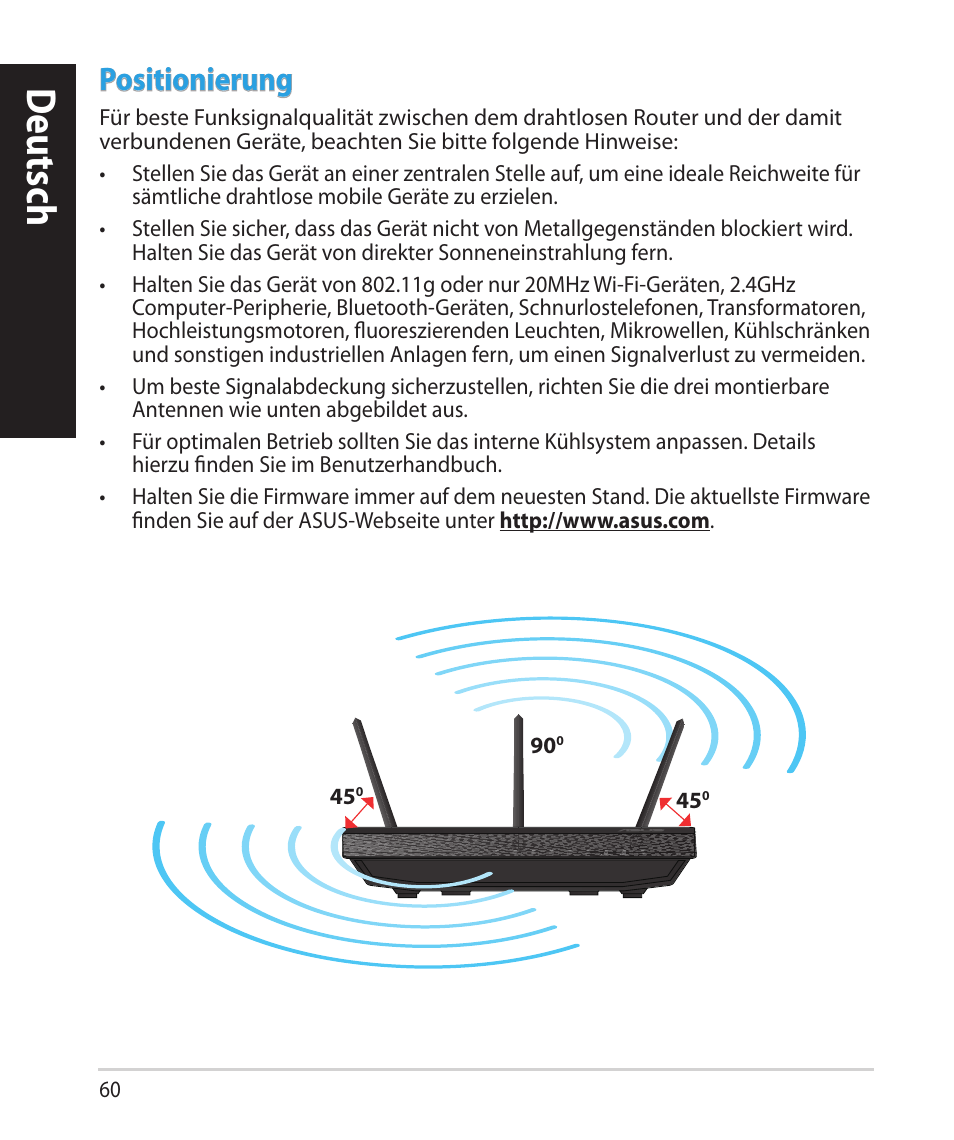 Deutsch, Positionierung | Asus RT-N66U (VER.B1) User Manual | Page 60 / 182