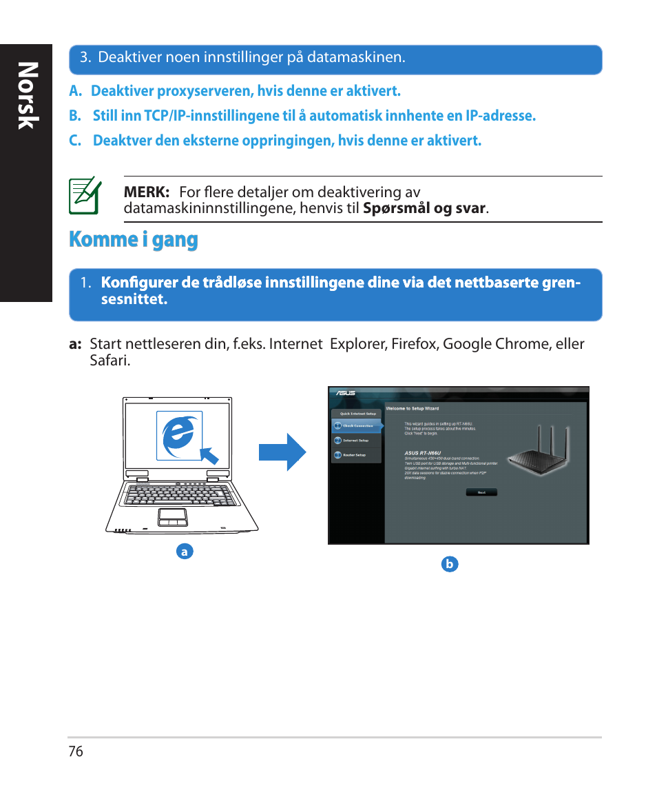 Norsk, Komme i gang | Asus RT-N66U (VER.B1) User Manual | Page 76 / 182