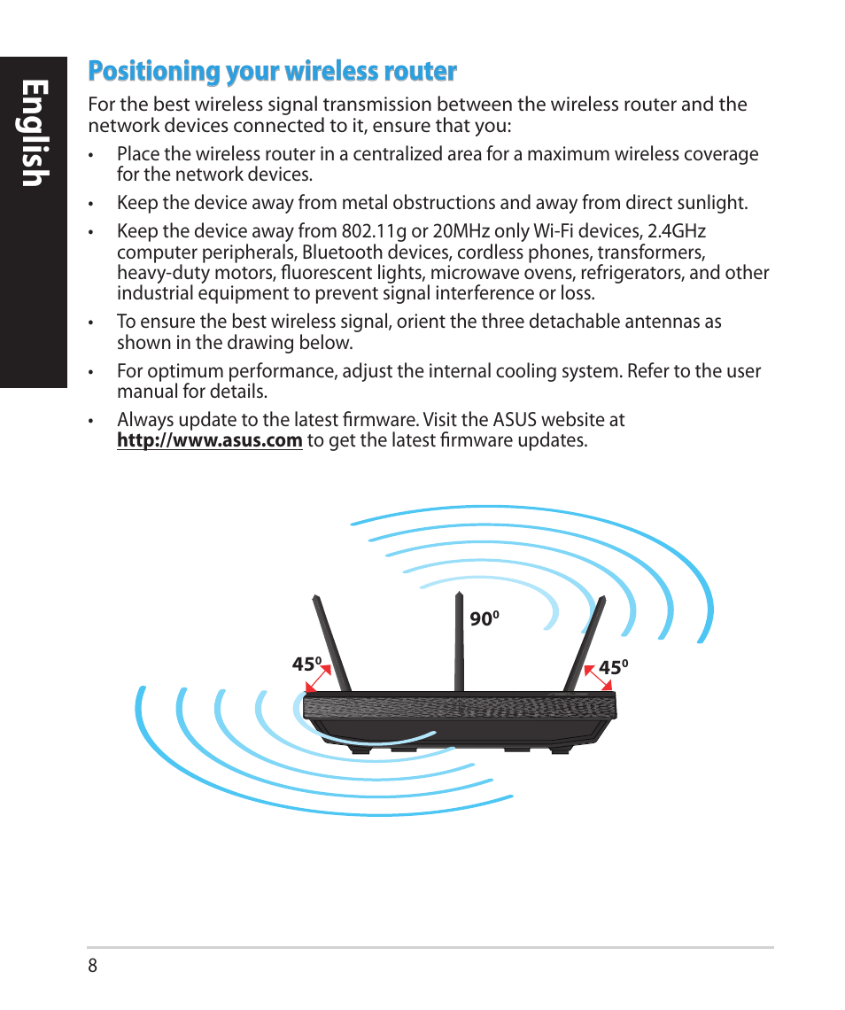 English, Positioning your wireless router | Asus RT-N66U (VER.B1) User Manual | Page 8 / 182