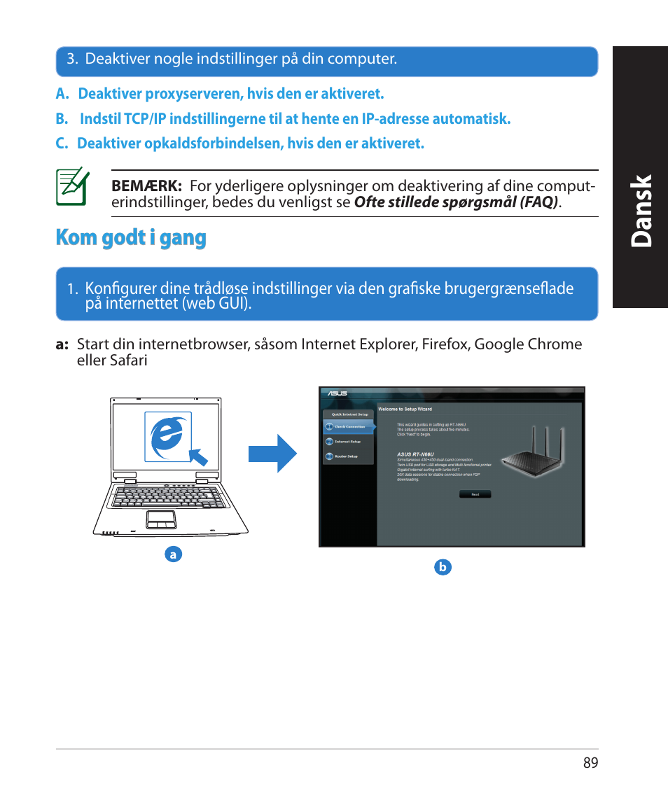 Dansk, Kom godt i gang | Asus RT-N66U (VER.B1) User Manual | Page 89 / 182