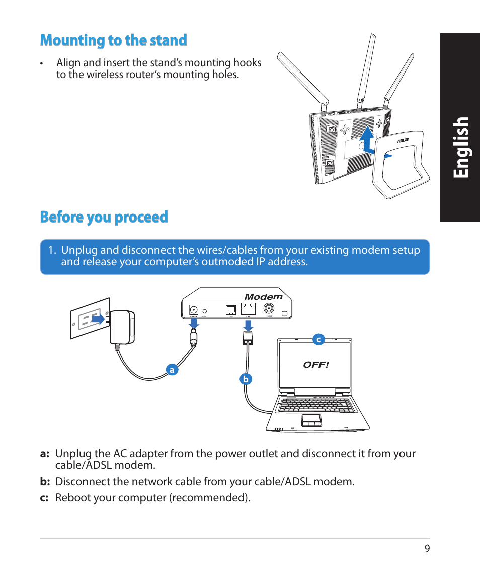 English, Mounting to the stand, Before you proceed | Asus RT-N66U (VER.B1) User Manual | Page 9 / 182