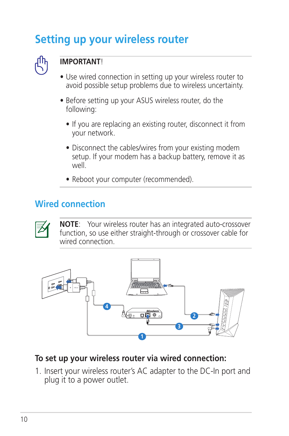Setting up your wireless router, Wired connection | Asus RT-N56U User Manual | Page 10 / 72