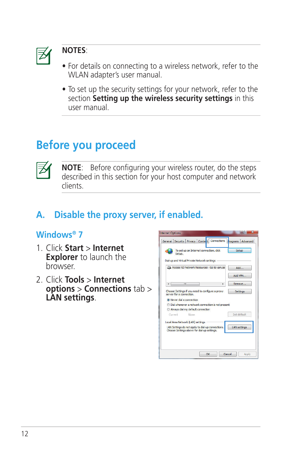 Before you proceed, A. disable the proxy server, if enabled | Asus RT-N56U User Manual | Page 12 / 72