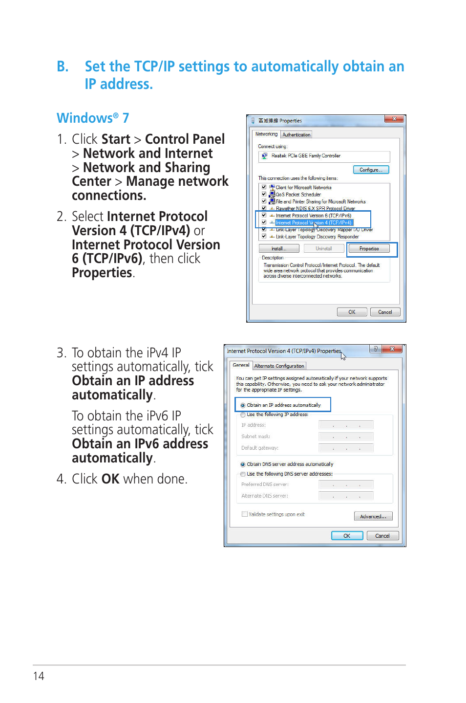 B. set the tcp/ip settings to automatically obtain, An ip address | Asus RT-N56U User Manual | Page 14 / 72