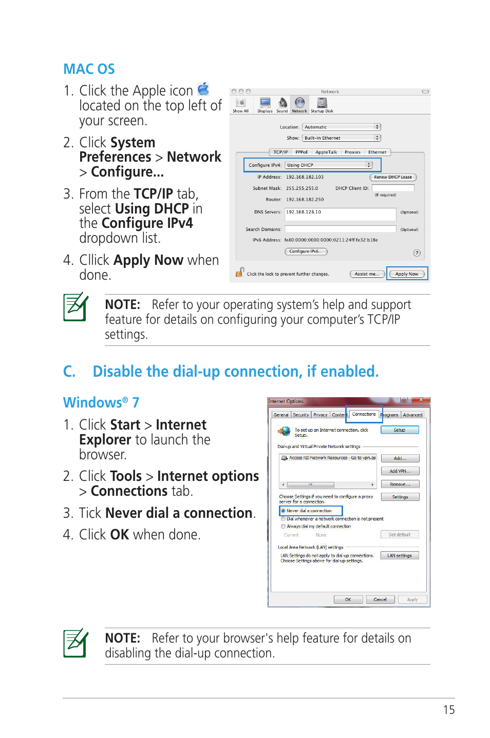 C. disable the dial-up connection, if enabled | Asus RT-N56U User Manual | Page 15 / 72