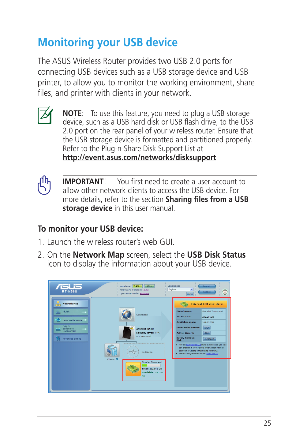 Monitoring your usb device | Asus RT-N56U User Manual | Page 25 / 72