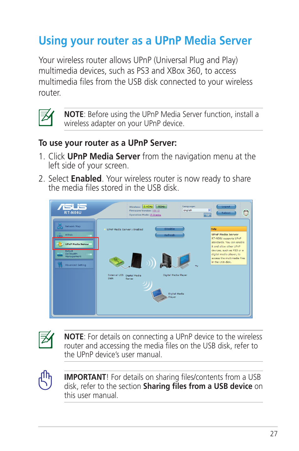 Using your router as a upnp media server | Asus RT-N56U User Manual | Page 27 / 72