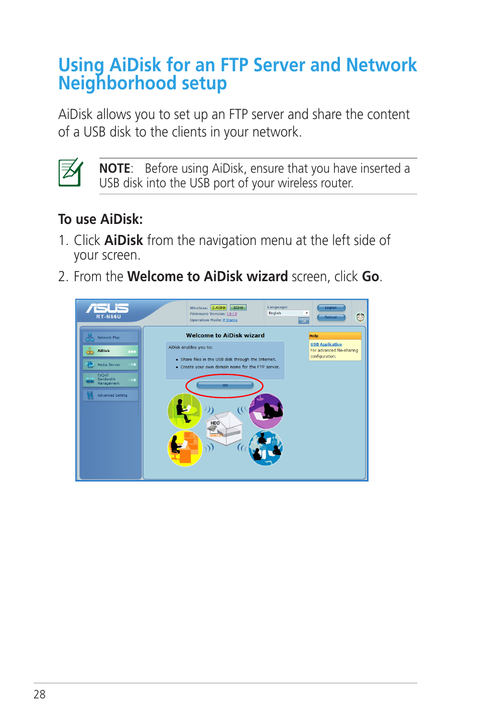 Using aidisk for an ftp server and, Network neighborhood setup | Asus RT-N56U User Manual | Page 28 / 72