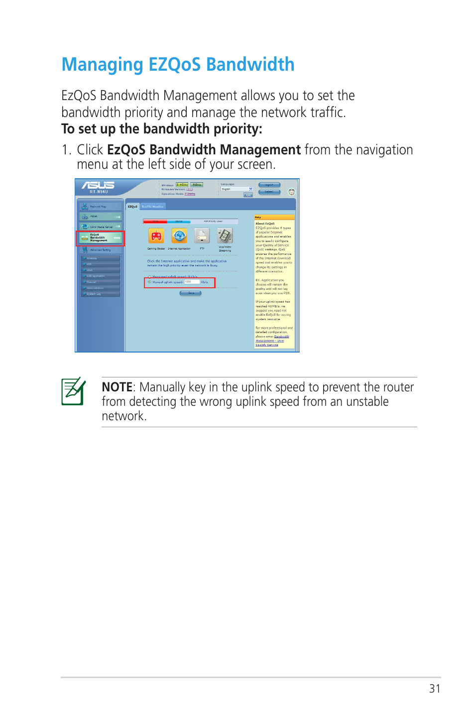 Managing ezqos bandwidth | Asus RT-N56U User Manual | Page 31 / 72