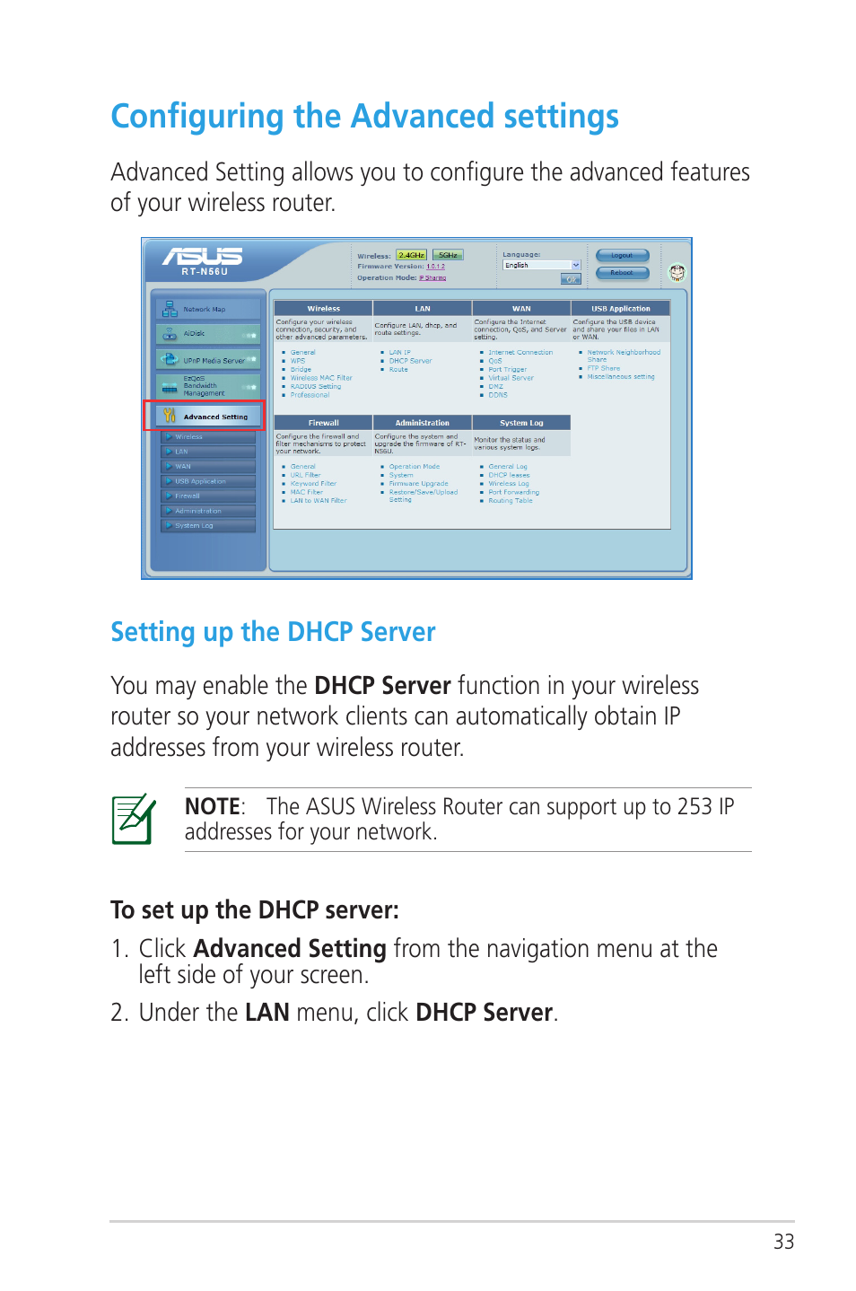 Configuring the advanced settings, Setting up the dhcp server | Asus RT-N56U User Manual | Page 33 / 72