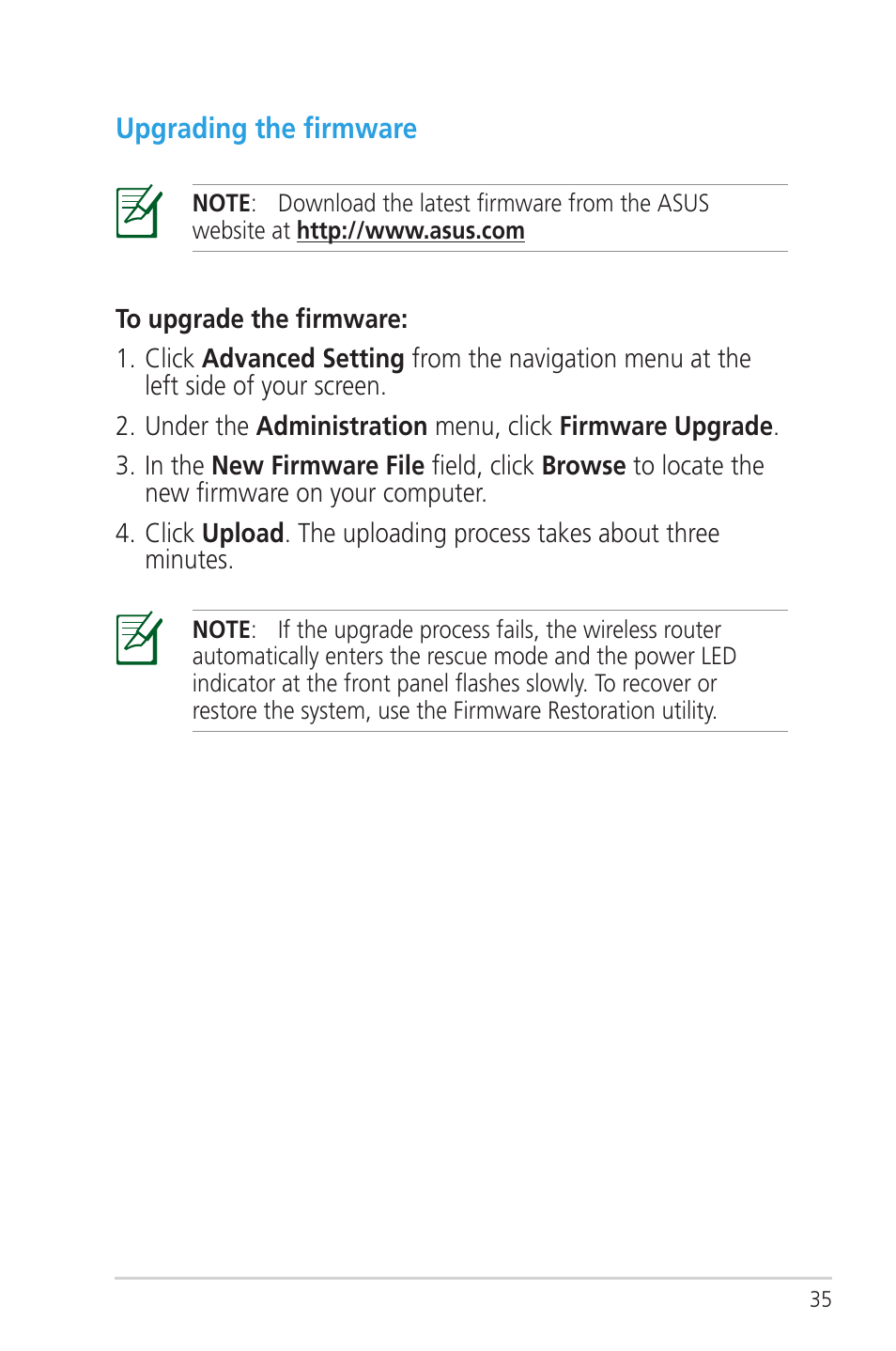 Upgrading the firmware | Asus RT-N56U User Manual | Page 35 / 72