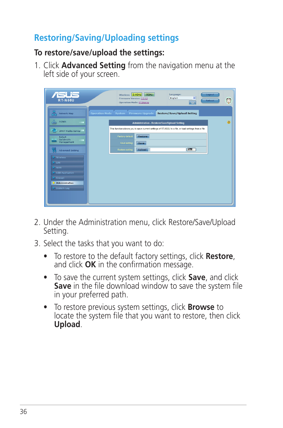 Restoring/saving/uploading settings | Asus RT-N56U User Manual | Page 36 / 72