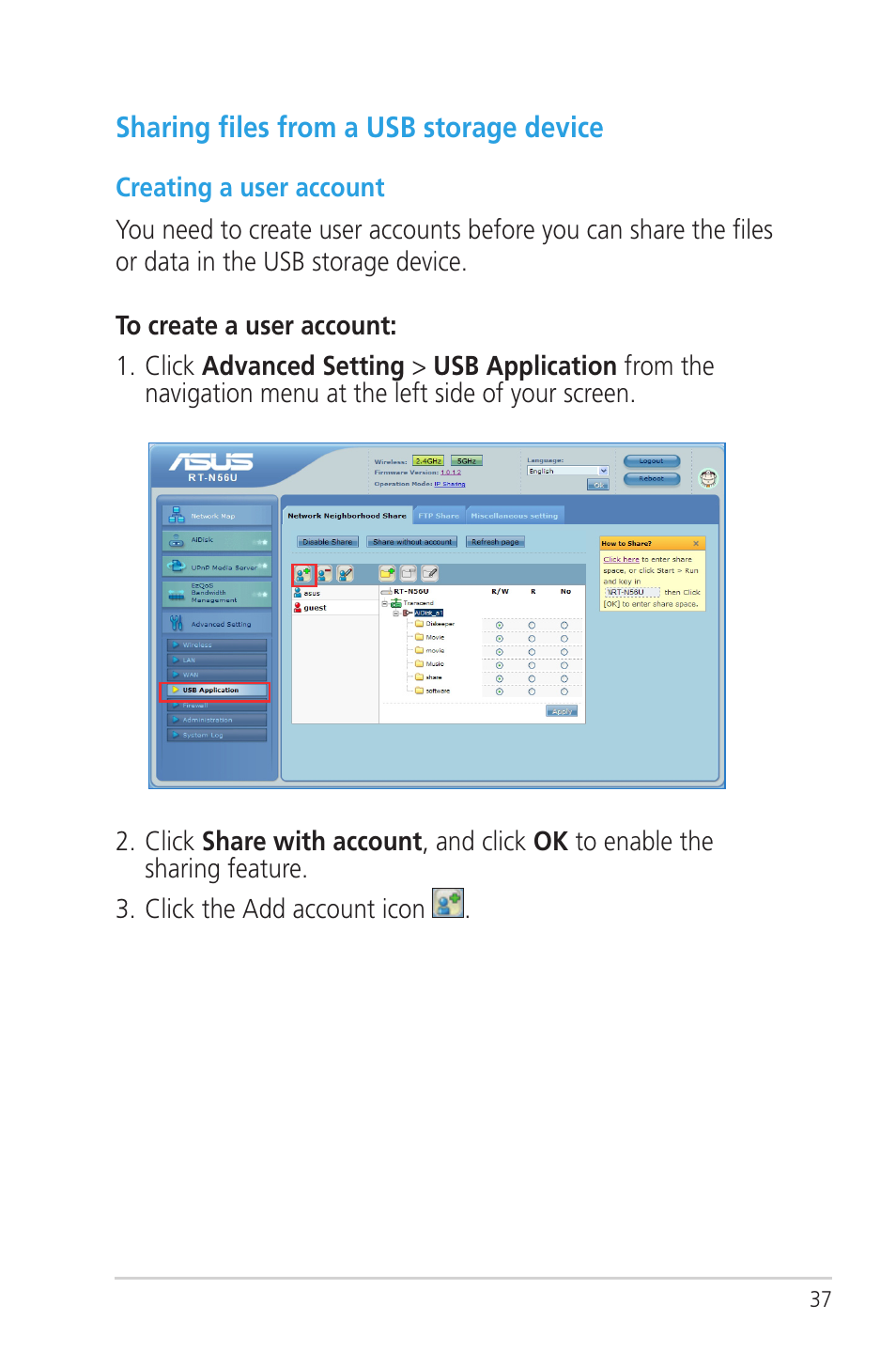 Sharing files from a usb storage device | Asus RT-N56U User Manual | Page 37 / 72