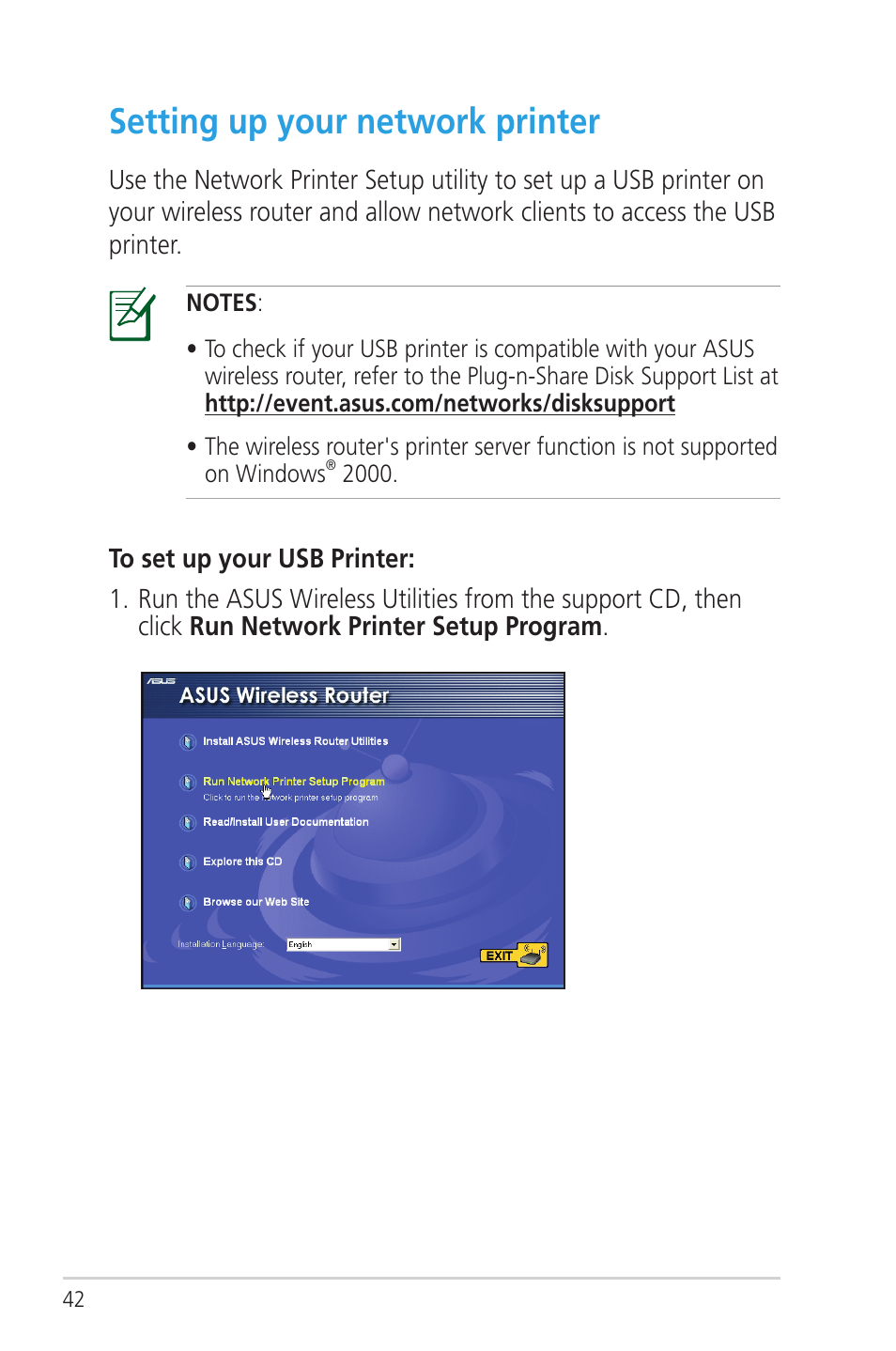 Setting up your network printer | Asus RT-N56U User Manual | Page 42 / 72