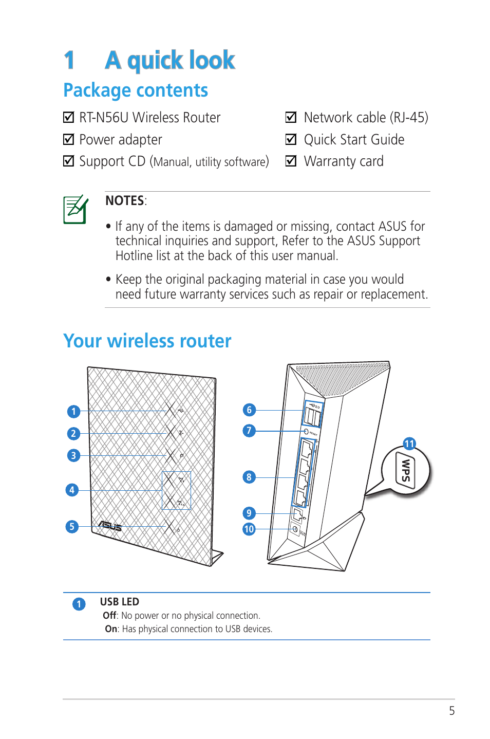 1 a quick look, Package contents, Your wireless router | Package contents your wireless router, Your wireless router package contents | Asus RT-N56U User Manual | Page 5 / 72