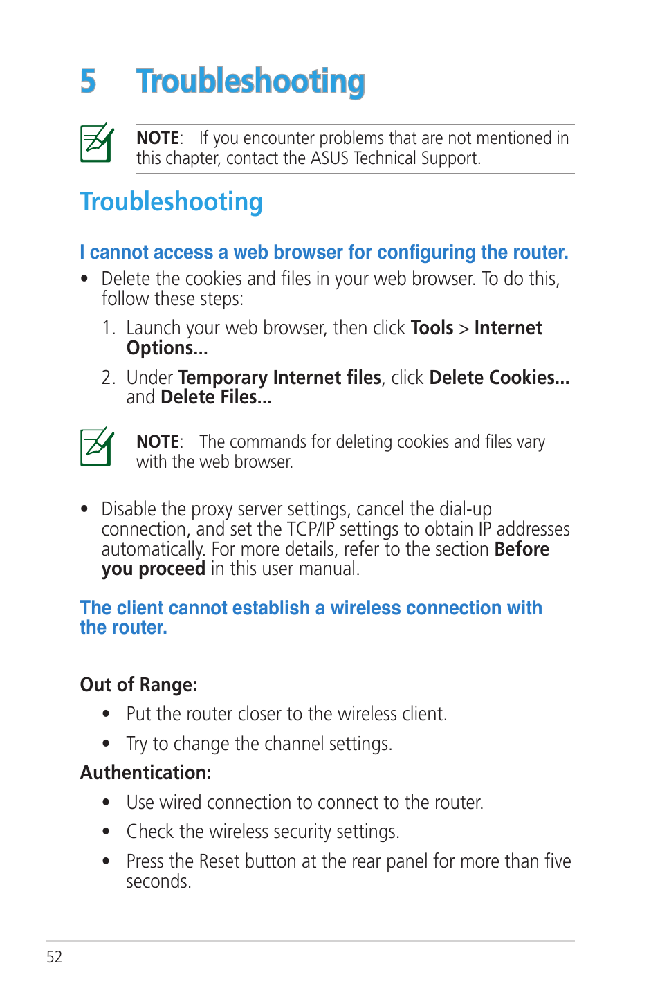 5 troubleshooting, Troubleshooting | Asus RT-N56U User Manual | Page 52 / 72