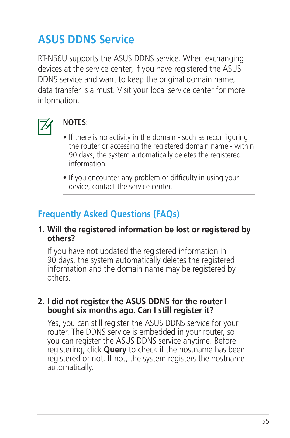 Asus ddns service, Frequently asked questions (faqs) | Asus RT-N56U User Manual | Page 55 / 72