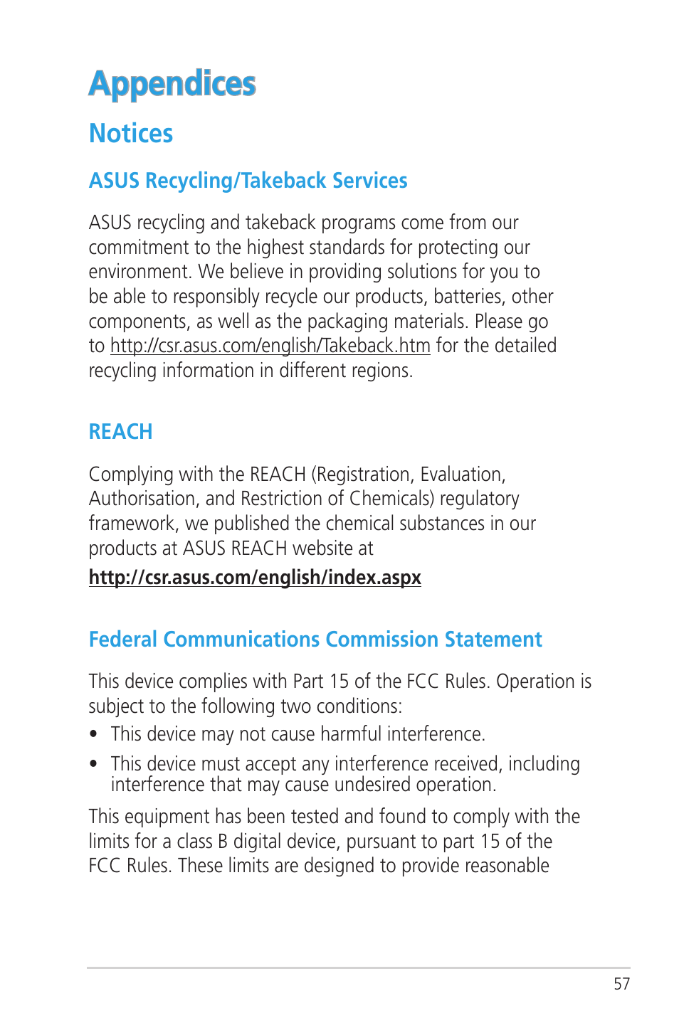 Appendices, Notices | Asus RT-N56U User Manual | Page 57 / 72