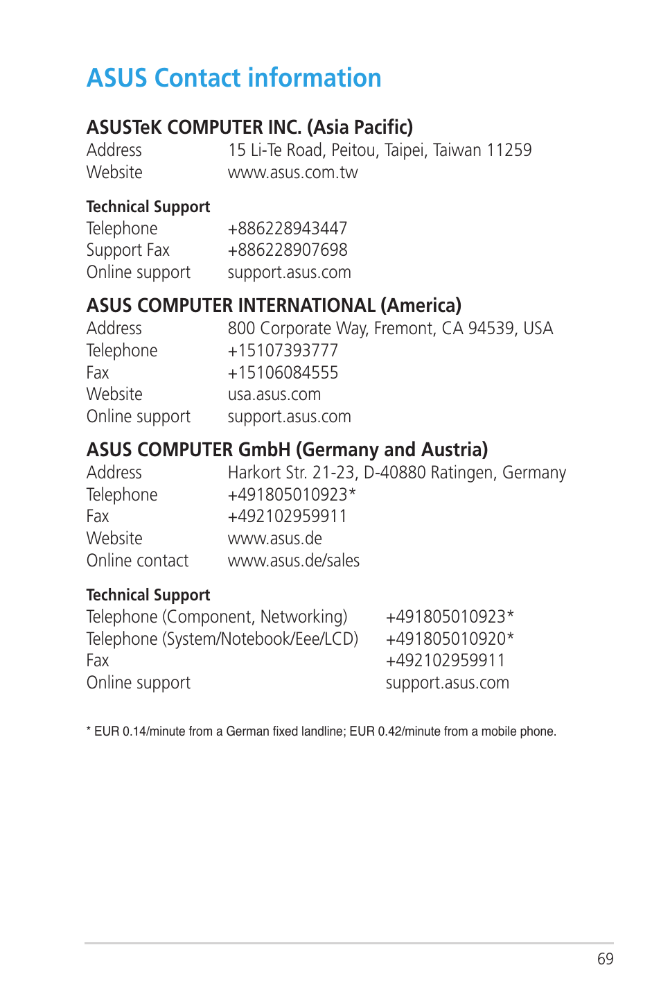 Asus contact information | Asus RT-N56U User Manual | Page 69 / 72