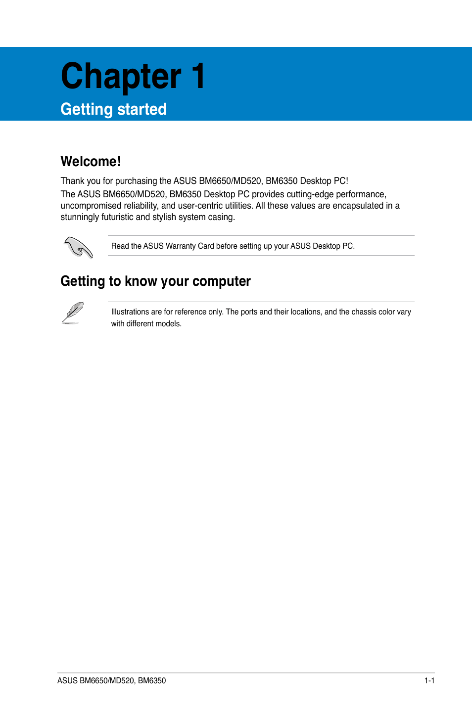 Chapter 1, Getting started, Welcome | Getting to know your computer, Welcome! -1 getting to know your computer -1 | Asus BM6650 User Manual | Page 10 / 67