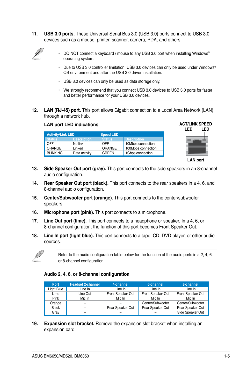 Audio 2, 4, 6, or 8-channel configuration | Asus BM6650 User Manual | Page 14 / 67