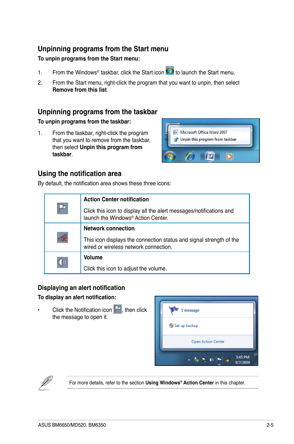 Unpinning programs from the start menu, Unpinning programs from the taskbar, Using the notification area | Asus BM6650 User Manual | Page 23 / 67