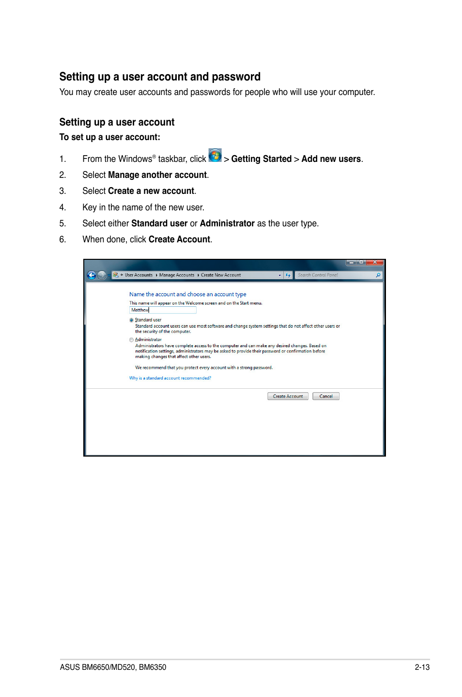 Setting up a user account and password | Asus BM6650 User Manual | Page 31 / 67