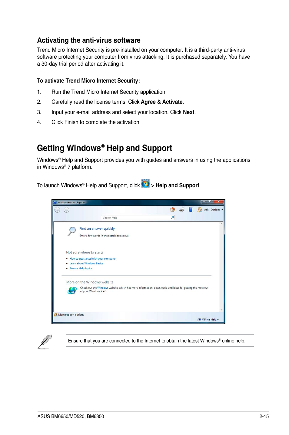 Getting windows® help and support, Getting windows, Help and support -15 | Help and support, Activating the anti-virus software | Asus BM6650 User Manual | Page 33 / 67