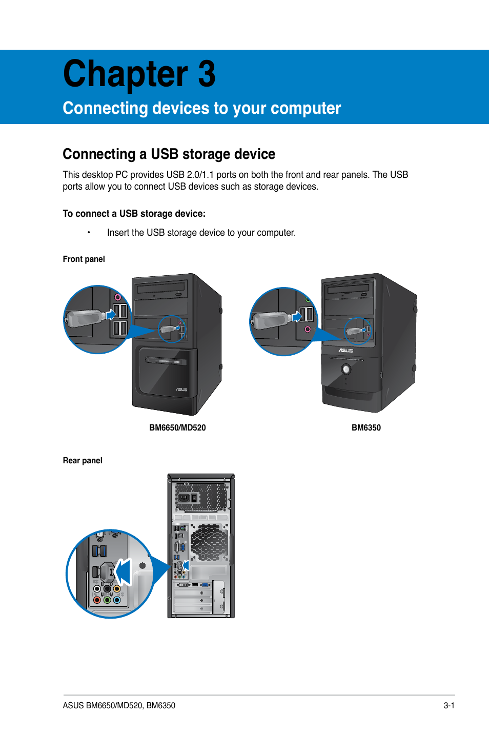 Chapter 3, Connecting devices to your computer, Connecting a usb storage device | Connecting a usb storage device -1 | Asus BM6650 User Manual | Page 34 / 67