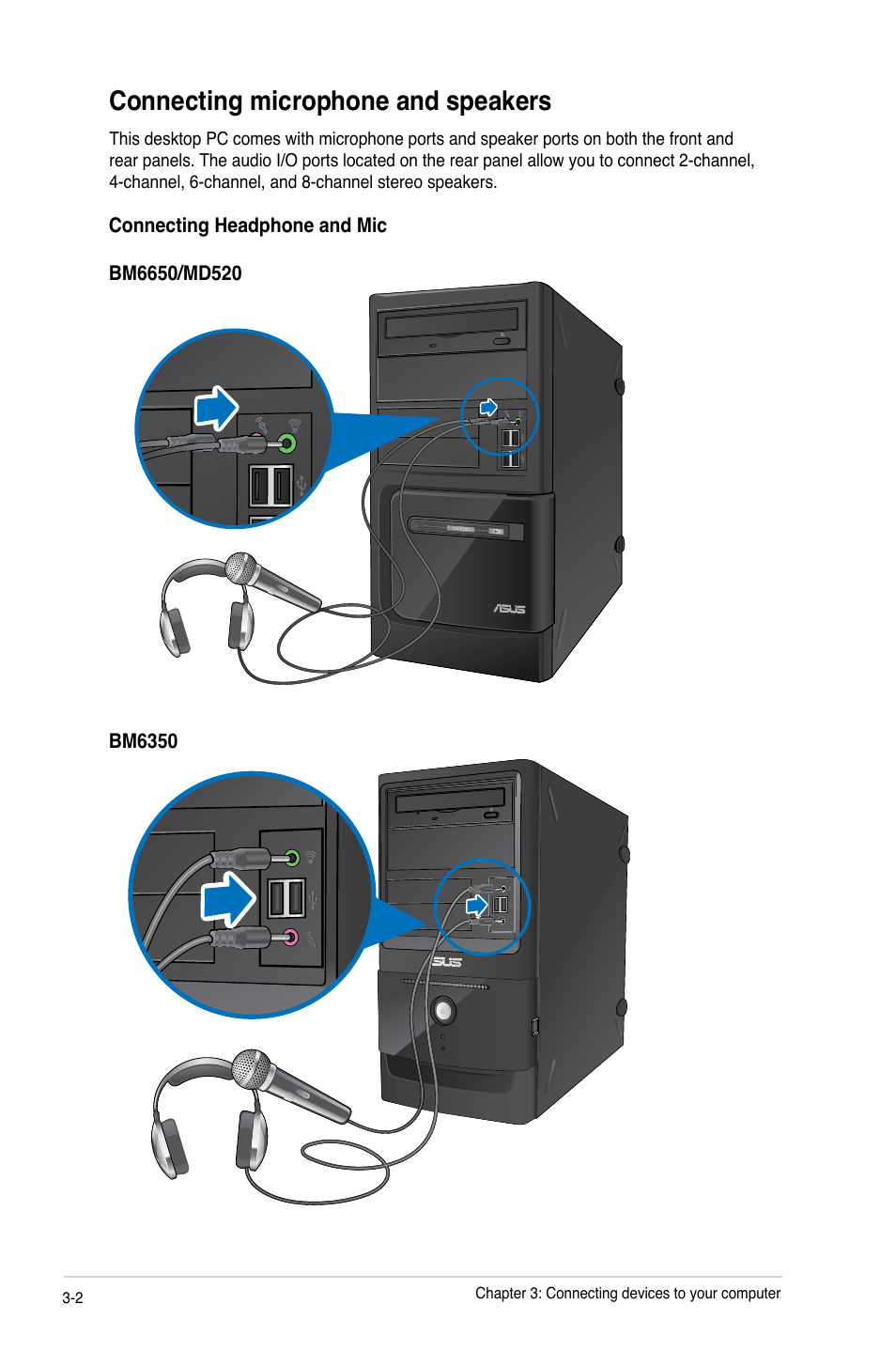 Connecting microphone and speakers, Connecting microphone and speakers -2 | Asus BM6650 User Manual | Page 35 / 67